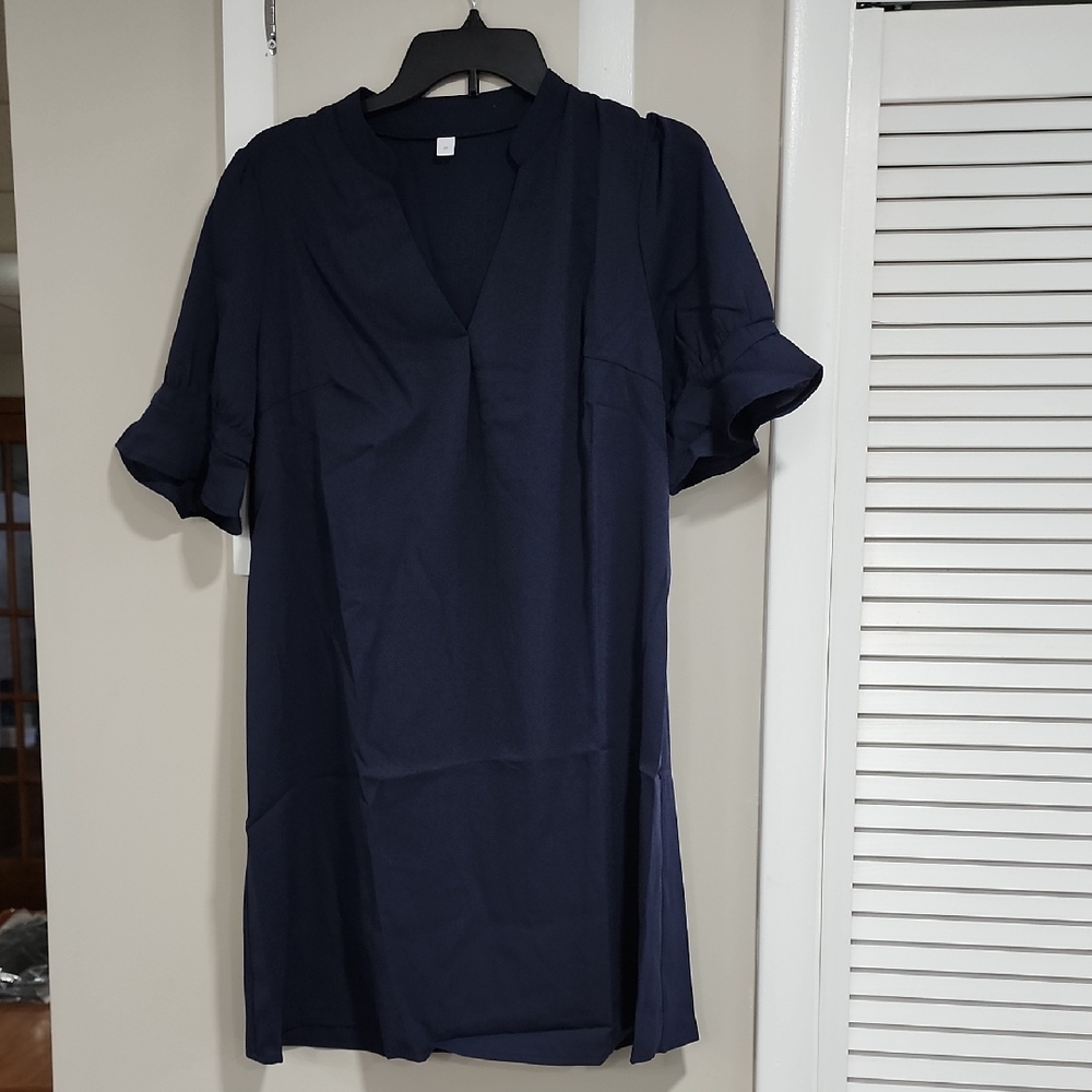 Navy Blue V-neck Casual Short Sleeve With Banded Ruffle, Shirt Dress. Medium